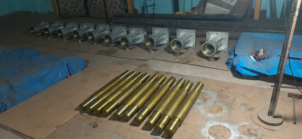 Bearing block housings and matching shafts before assembly